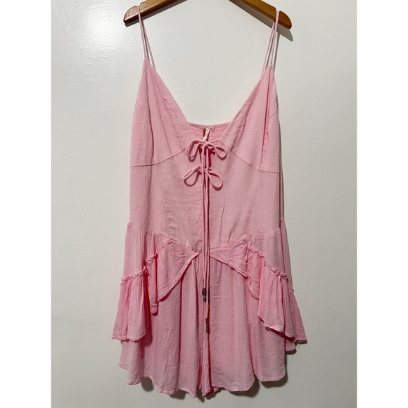 Free People Pink Brielle Playsuit Babydoll Smocked Ruffle Detail Dress Size L - Picture 4 of 11
